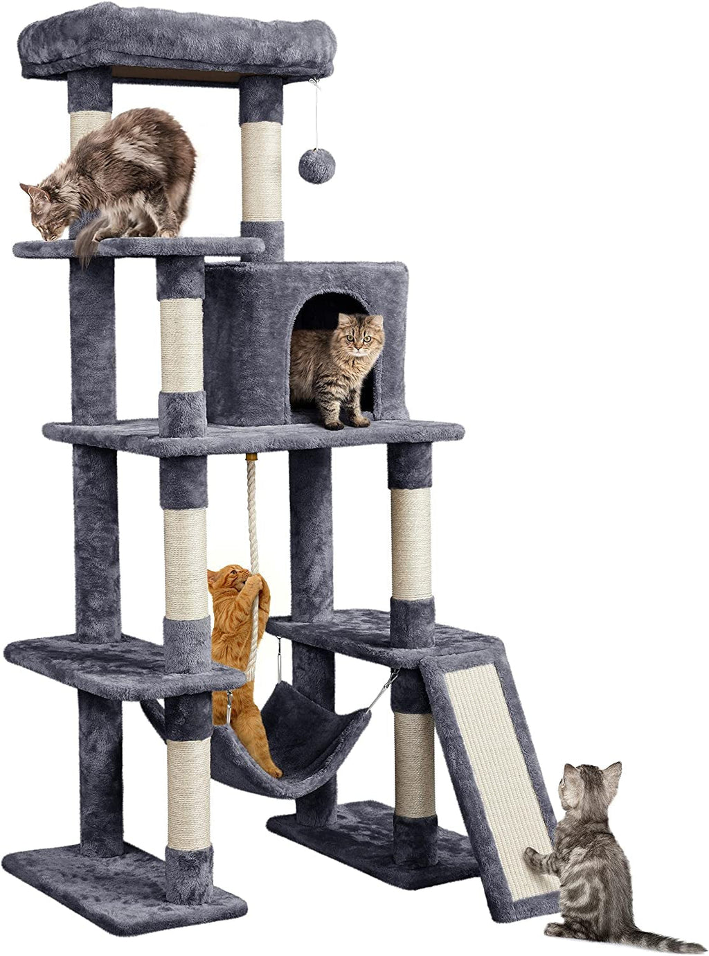 Yaheetech Large Multi-Level Cat Tree, 63 Inches Tall with Sisal-Covered Scratching Posts, Condo, Hammock, Dangling Ball, and Extended Platform for Cats to Play and Sleep.
