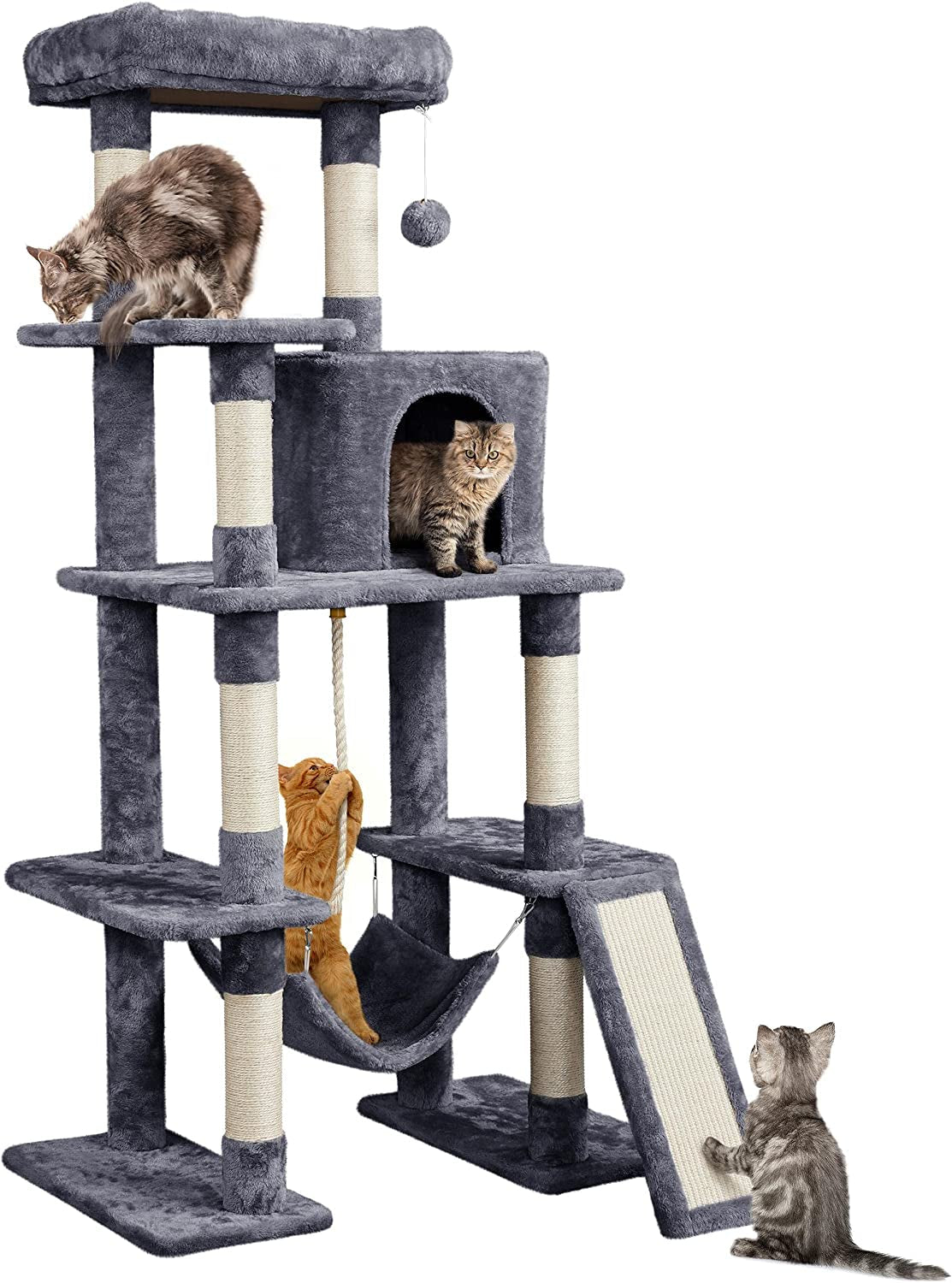 Yaheetech Large Multi-Level Cat Tree, 63 Inches Tall with Sisal-Covered Scratching Posts, Condo, Hammock, Dangling Ball, and Extended Platform for Cats to Play and Sleep.