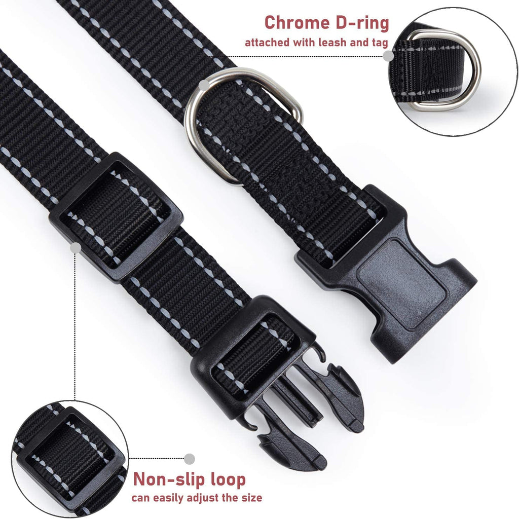 Reflective Dog Collar with Buckle Adjustable Safety Nylon Collars for Small Medium Large Dogs, Black S.