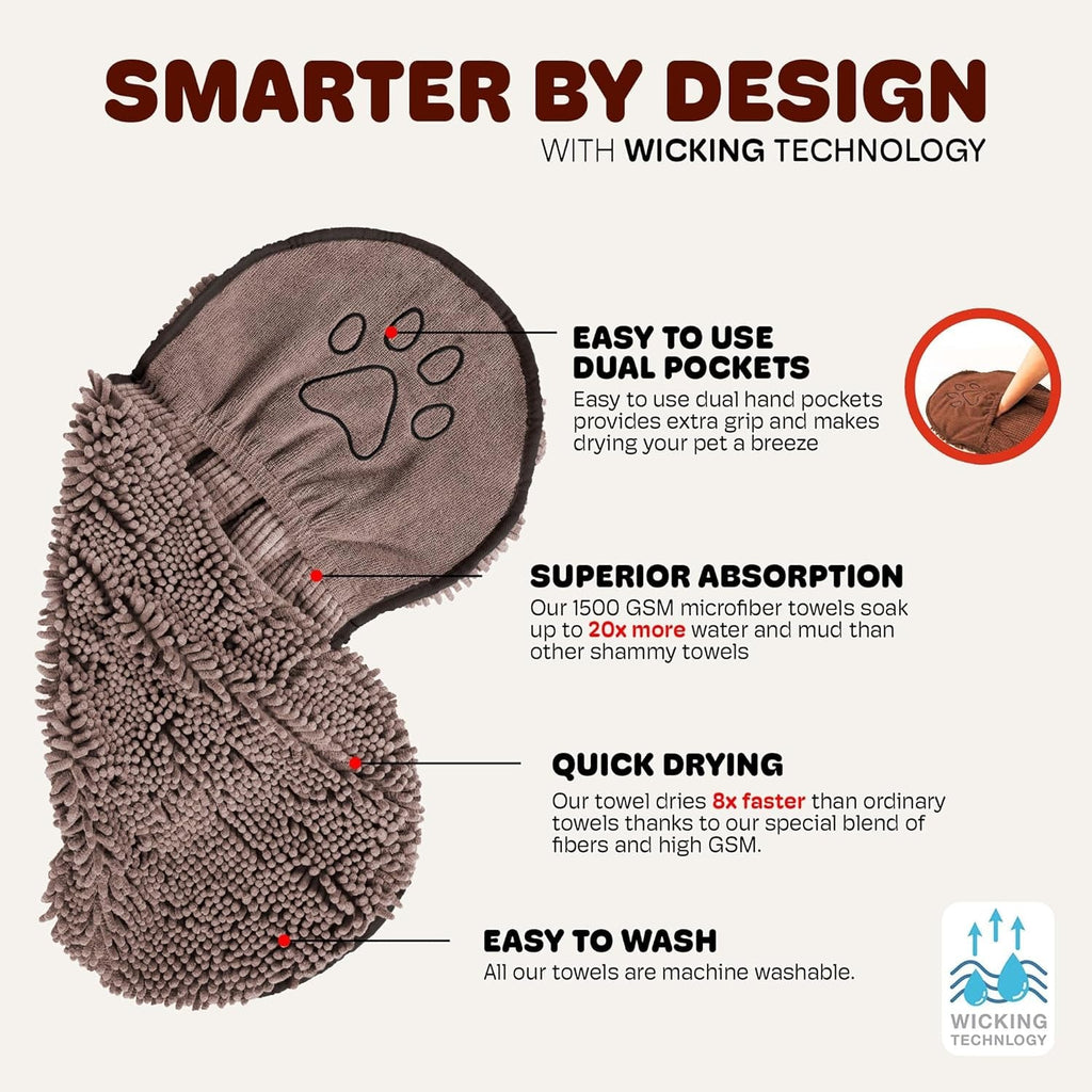 the Dirty Dog Shammy - Antimicrobial Microfiber Dog Towel for Odor Control, Fast-Drying Plush, Dual Hand Pockets & Elastic, Super Absorbent, Machine Washable, 31 X 13 In, Grey.