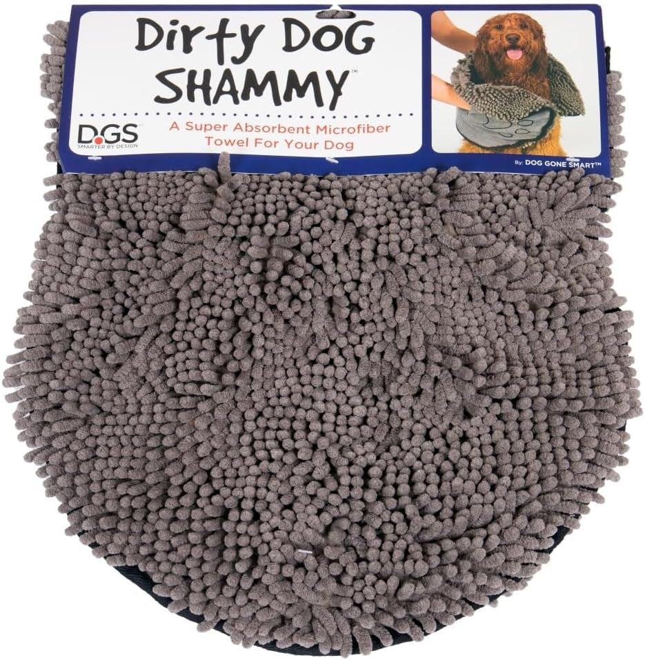 the Dirty Dog Shammy - Antimicrobial Microfiber Dog Towel for Odor Control, Fast-Drying Plush, Dual Hand Pockets & Elastic, Super Absorbent, Machine Washable, 31 X 13 In, Grey.