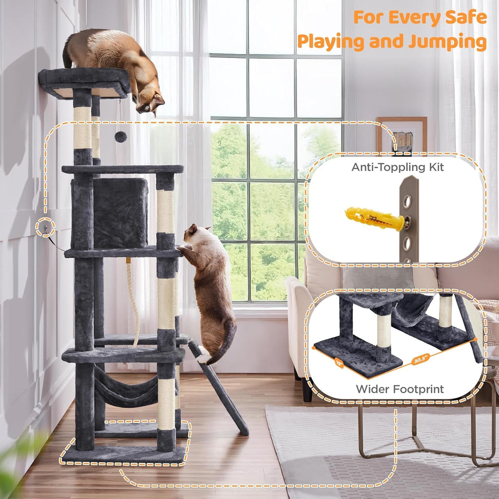 Yaheetech Large Multi-Level Cat Tree, 63 Inches Tall with Sisal-Covered Scratching Posts, Condo, Hammock, Dangling Ball, and Extended Platform for Cats to Play and Sleep.