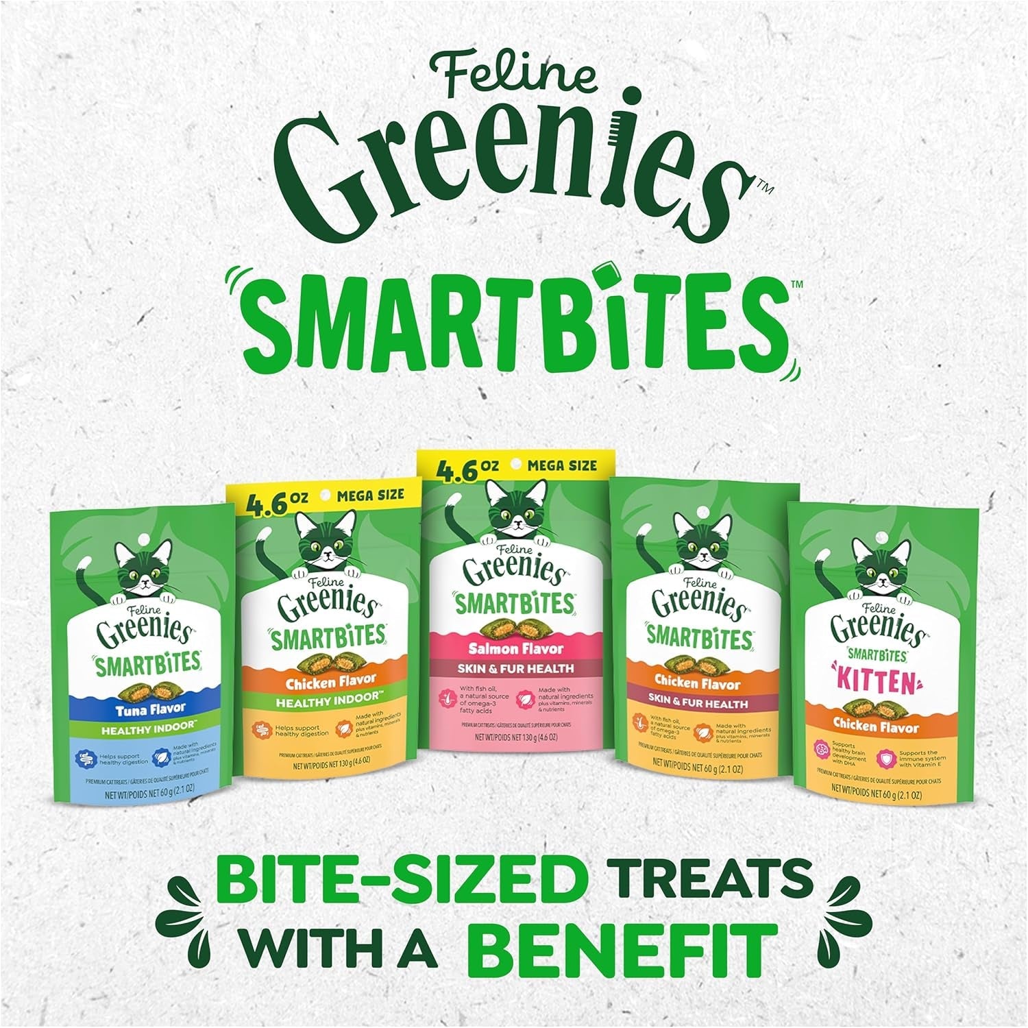 Greenies Feline SMARTBITES Healthy Skin and Fur, Chicken and Salmon Flavors, All Bag Sizes.