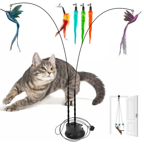 2 Wands with Base & 6 Feather Interactive Cat Toy Set.