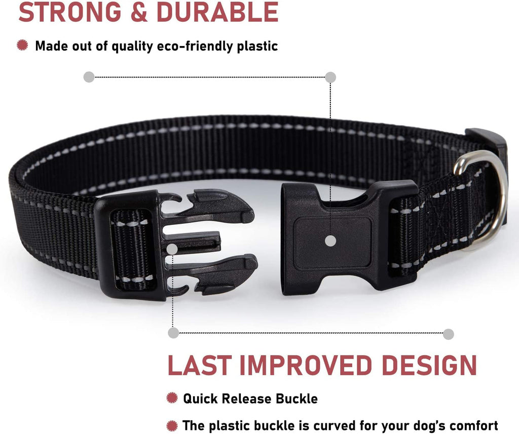 Reflective Dog Collar with Buckle Adjustable Safety Nylon Collars for Small Medium Large Dogs, Black S.