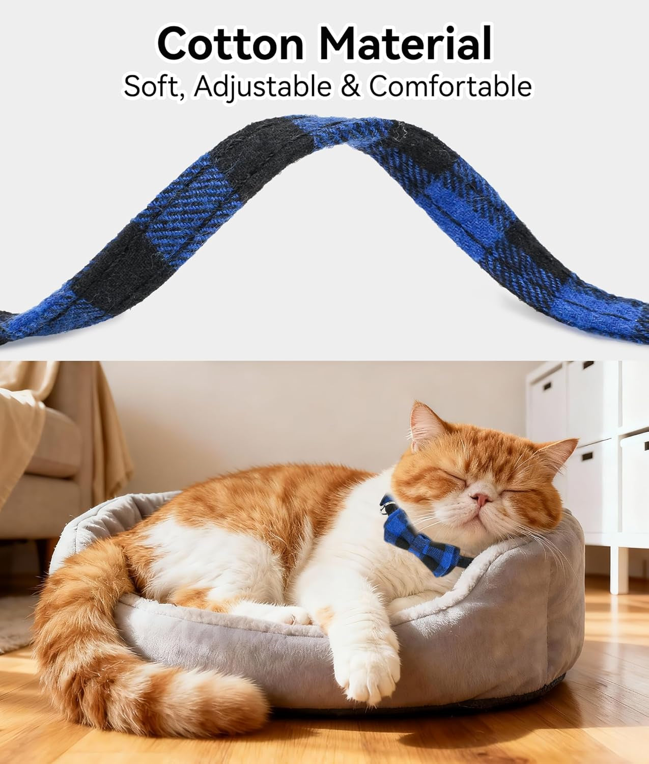 Upgraded Cat Collar with Bells, Breakaway Cat Collars with Bow Tie, 1 Pack Girl Boy Safety Plaid Kitten Collars, Blue.